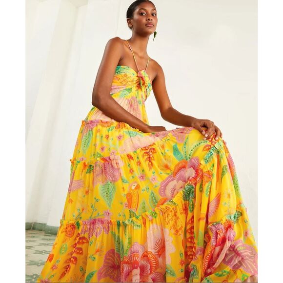 🌞 Farm Rio Yellow Macaw Bloom Maxi Dress 🦜 Size Medium – Sold Out Online - Picture 7 of 16